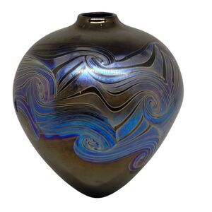 1998 Iridescent Art Nouveau Inspired Glass Vase Signed DJS 98 Bulbous Shape